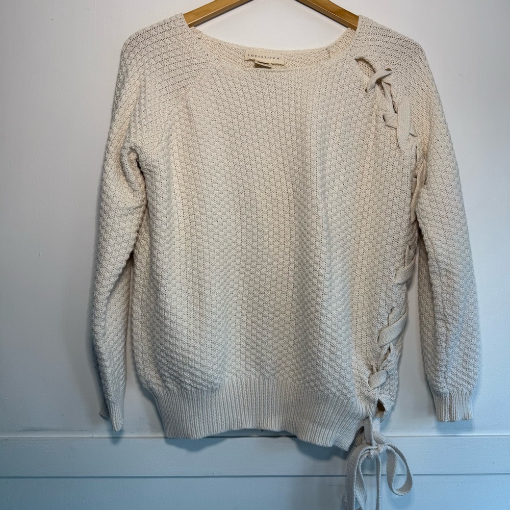 Lovestitch Women's Cream Knit Sweater Side Lace Up Detail Medium 100% Cotton EUC